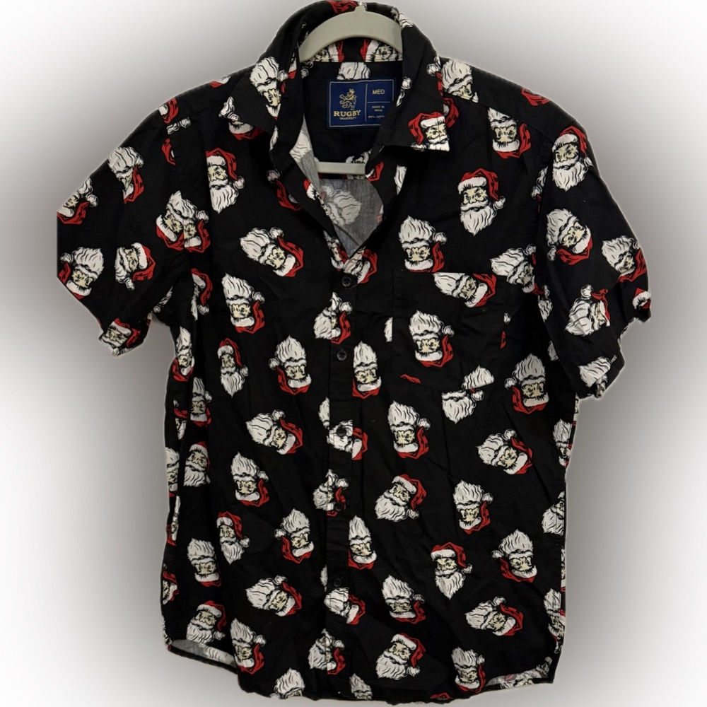Rugby University Black and Red Santa Casual Button Down Shirt | Sz M